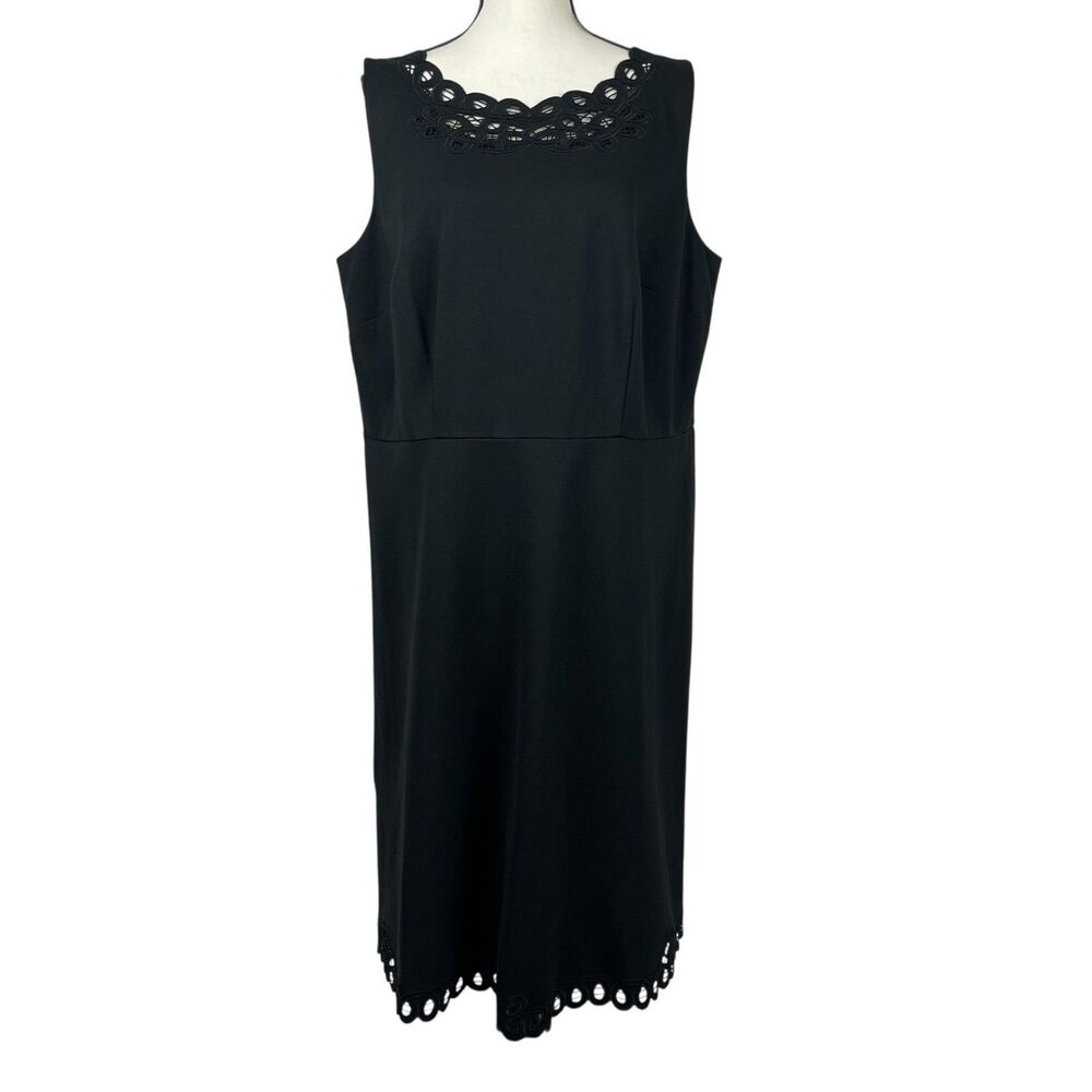 Talbots Fit & Flare Dress 14W Black Sleeveless Scallop Eyelet Trim Embroidered